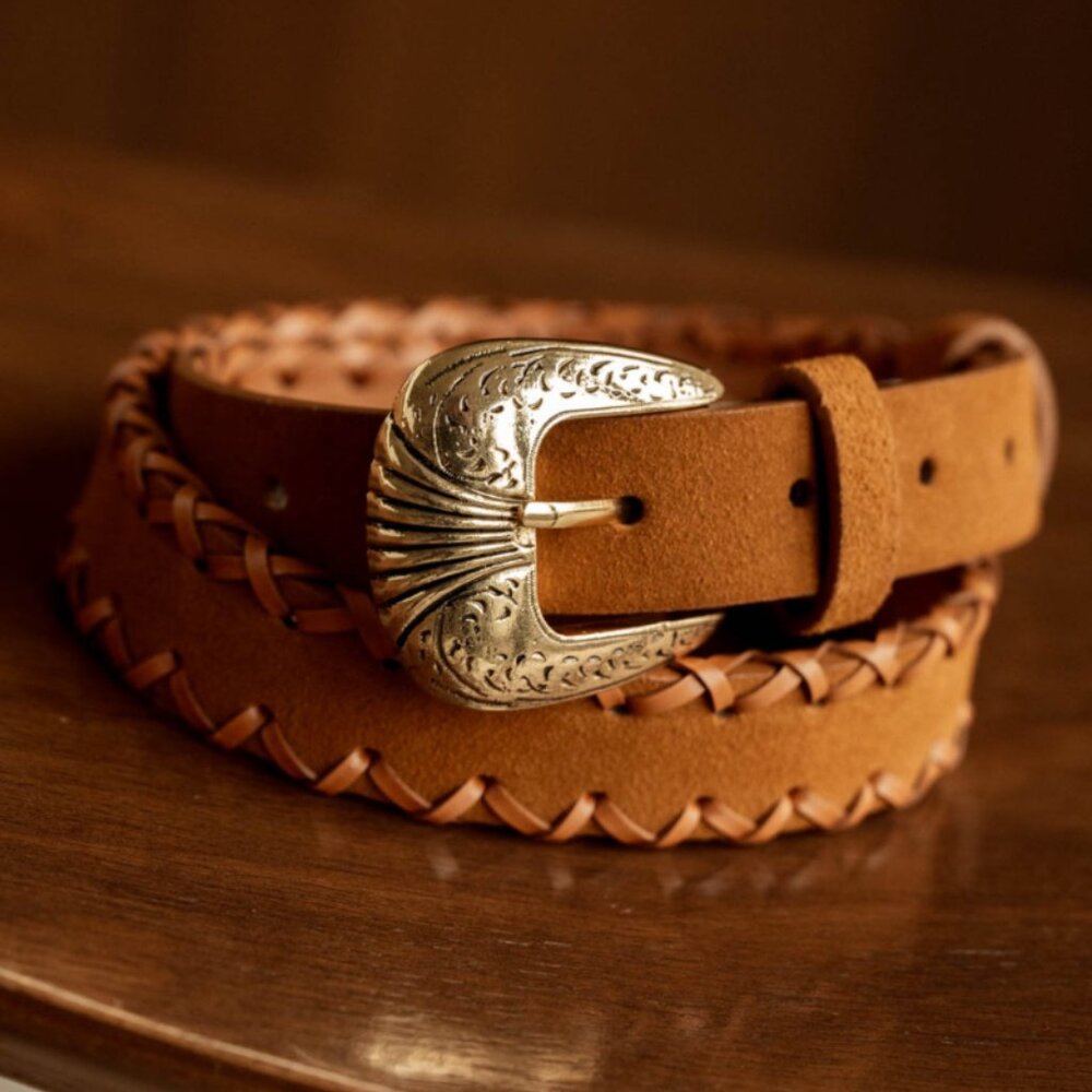 NWT Women's Western Tan 100% Leather Suede Belt Gold Buckle Size 85